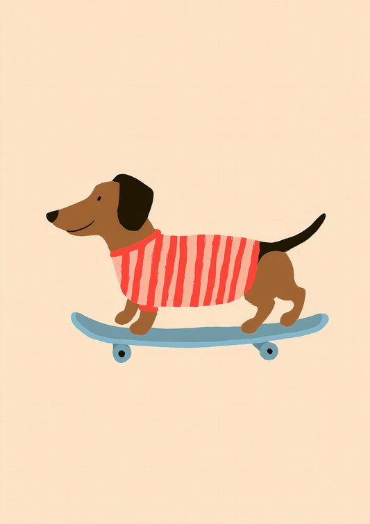 Skateboarding Dachshund Print, Fun Kids Wall Art