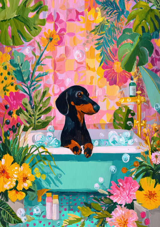Dachshund in the Bath Print, Funny Bathroom Wall Art