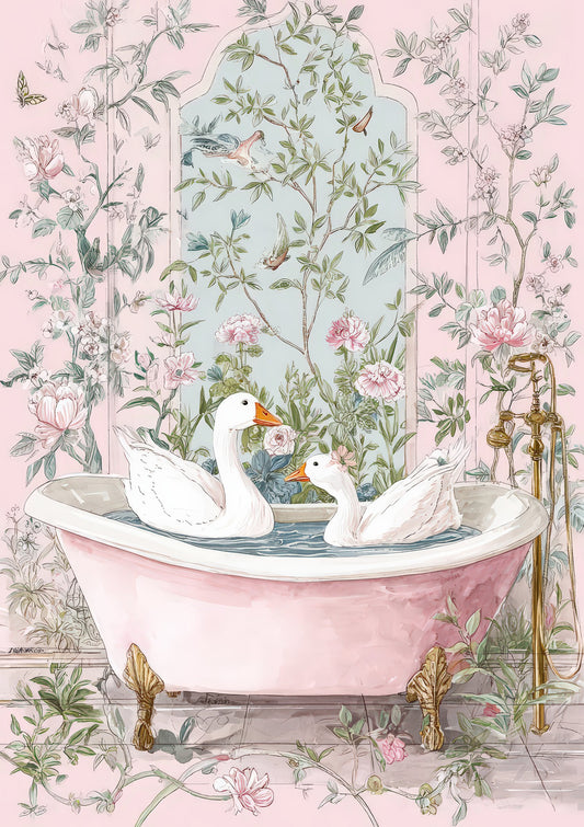 Geese in the Bath Print, Chinoiserie Bathroom Wall Art
