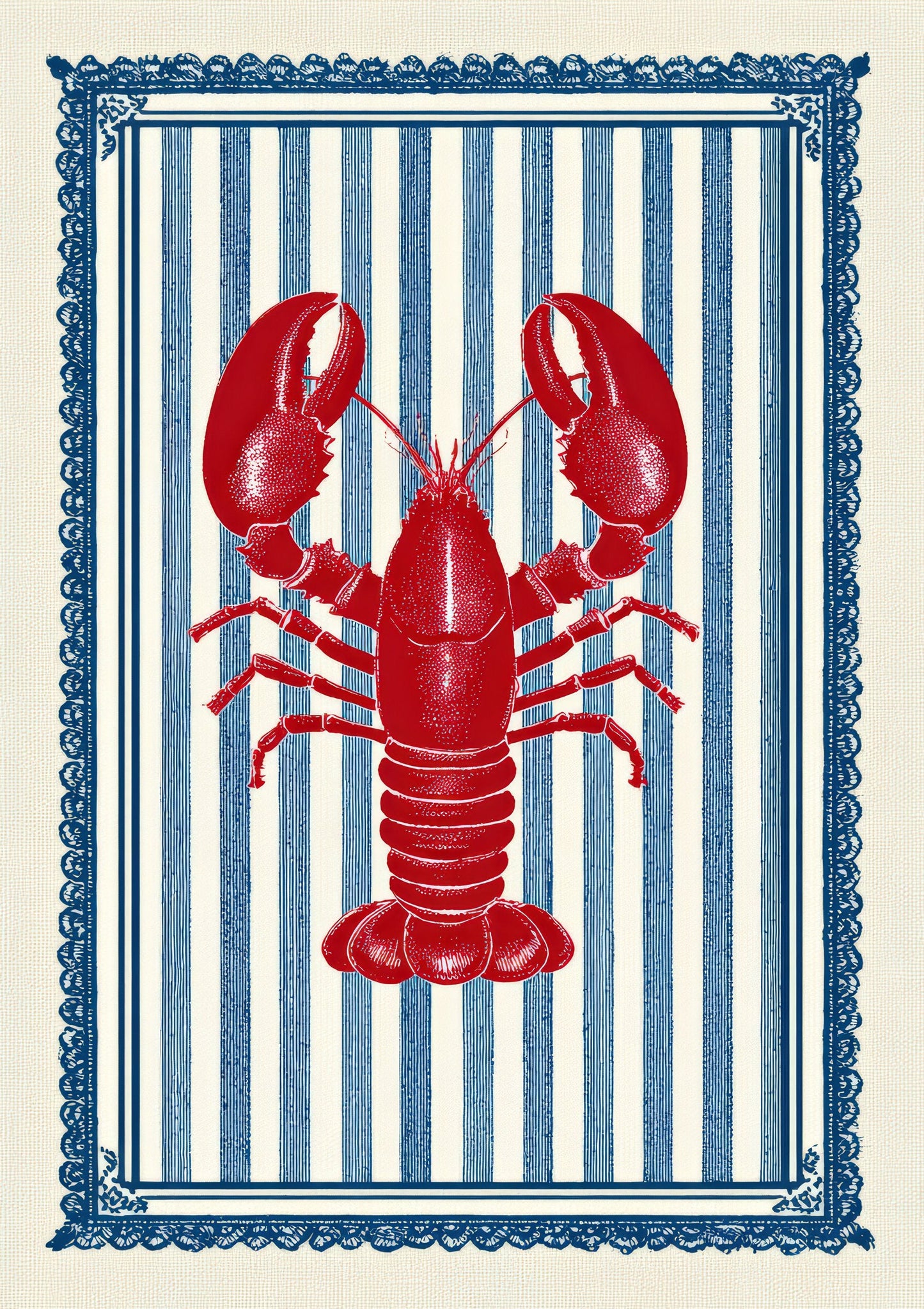 Lobster on Blue Stripes Print, Coastal Bathroom Wall Art