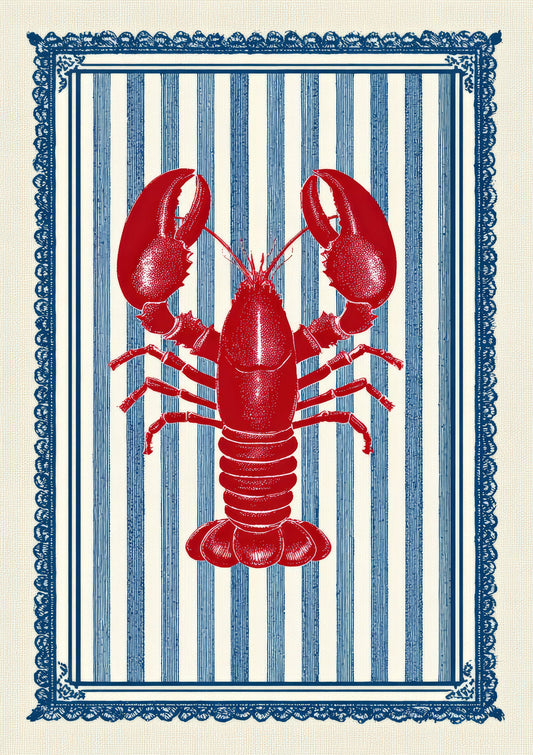 Lobster on Blue Stripes Print, Coastal Bathroom Wall Art