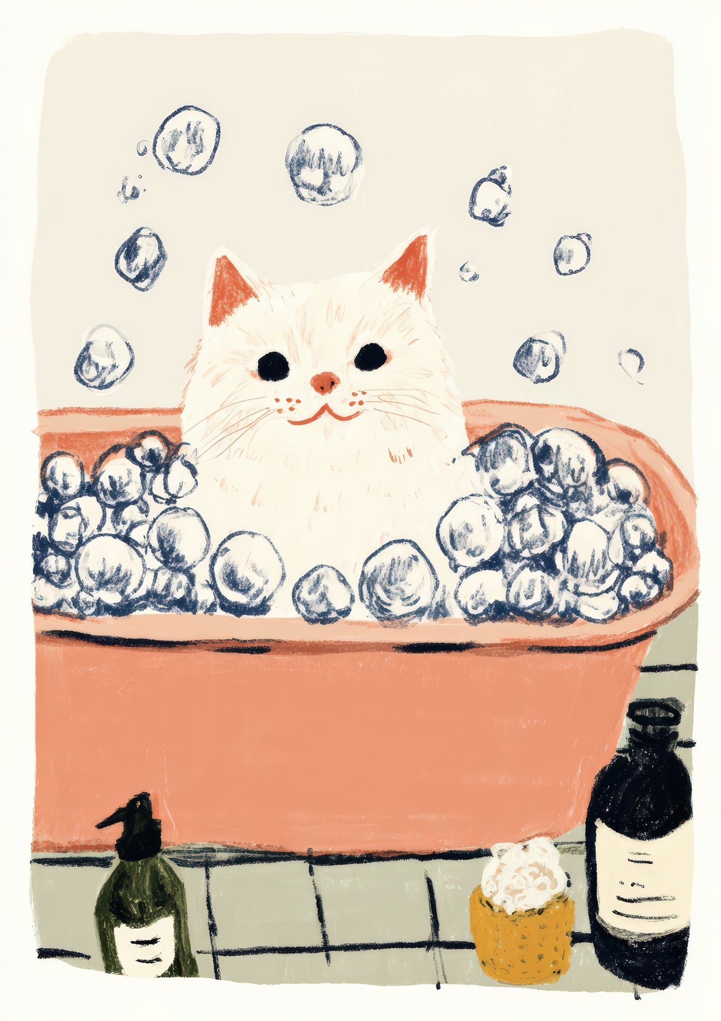 Cat in a Bubble Bath Print, Funny Bathroom Wall Art