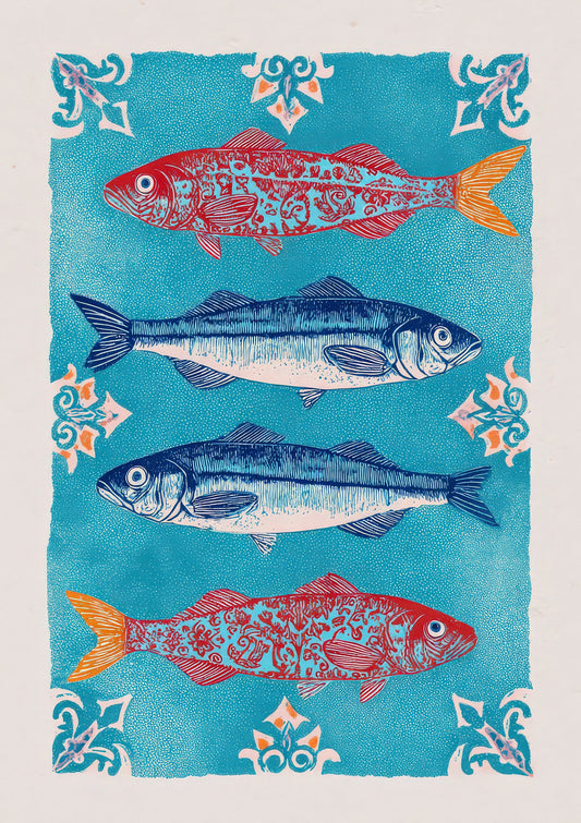 Folk Sardines Print, Kitchen Coastal Wall Art