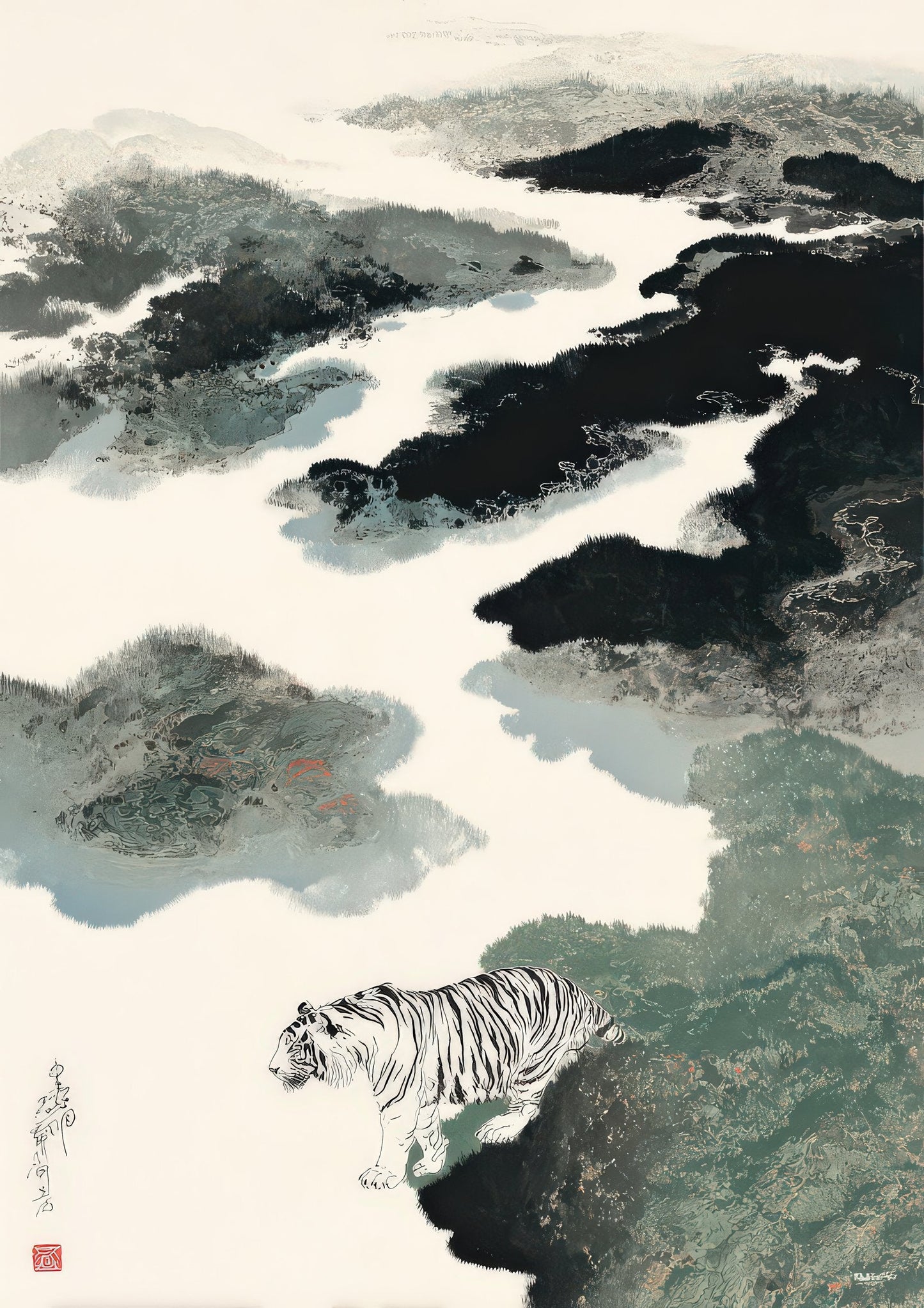 White Tiger Landscape Print, Japanese Ink Wall Art