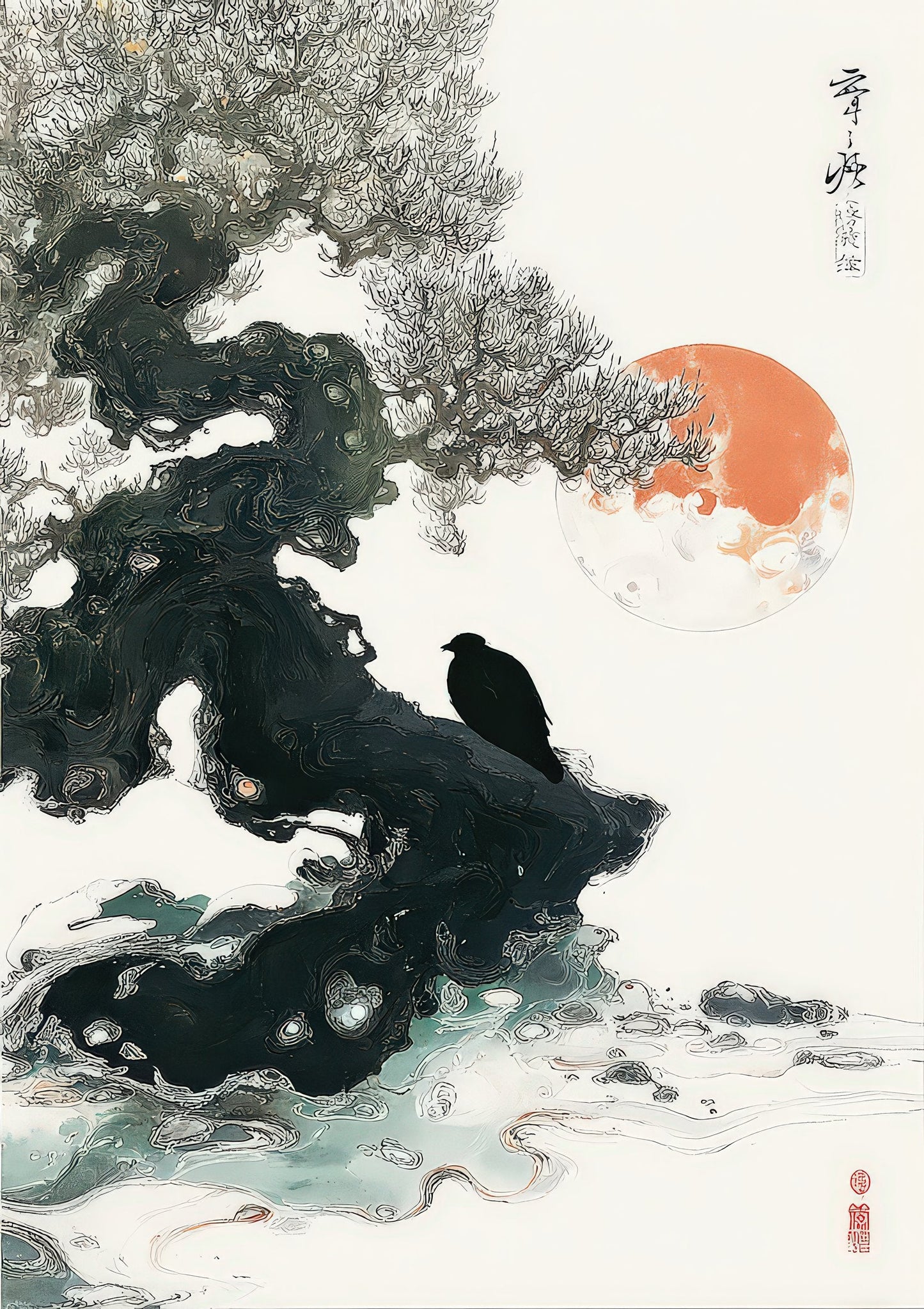 Crow and Red Sun Print, Japanese Ink Wall Art