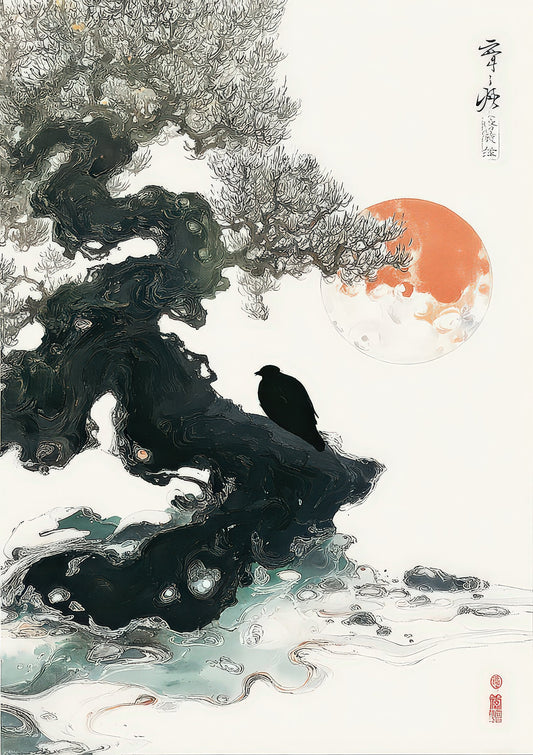 Waves and Red Sun Print, Japanese Coastal Wall Art