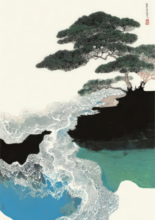 Pine and Sea Print, Japandi Coastal Wall Art