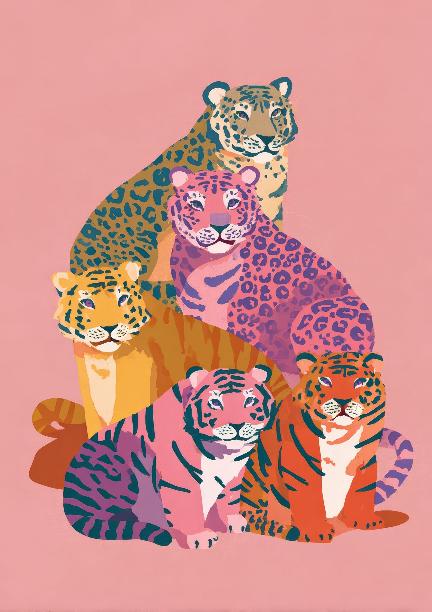 Leopard Family Print, Folk Animal Wall Art