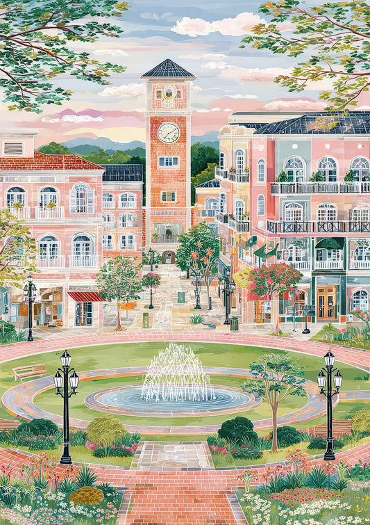Pink Town Square Print, Travel Wall Art