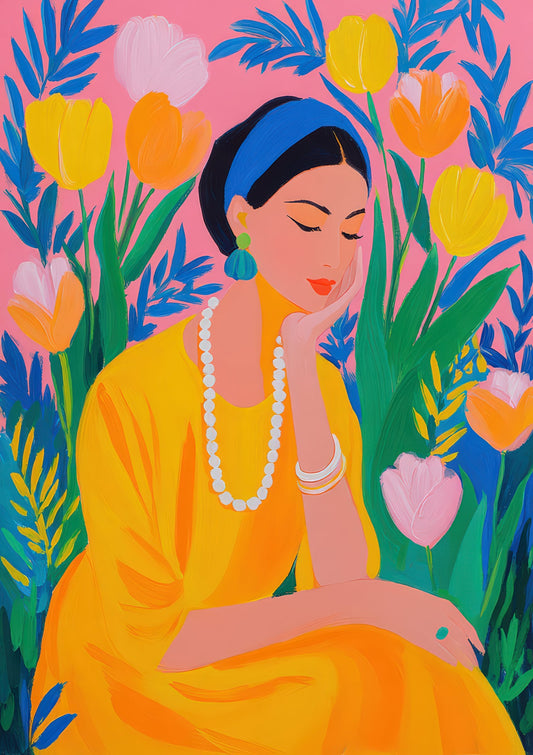 Woman in Yellow Print, Folk Figurative Wall Art