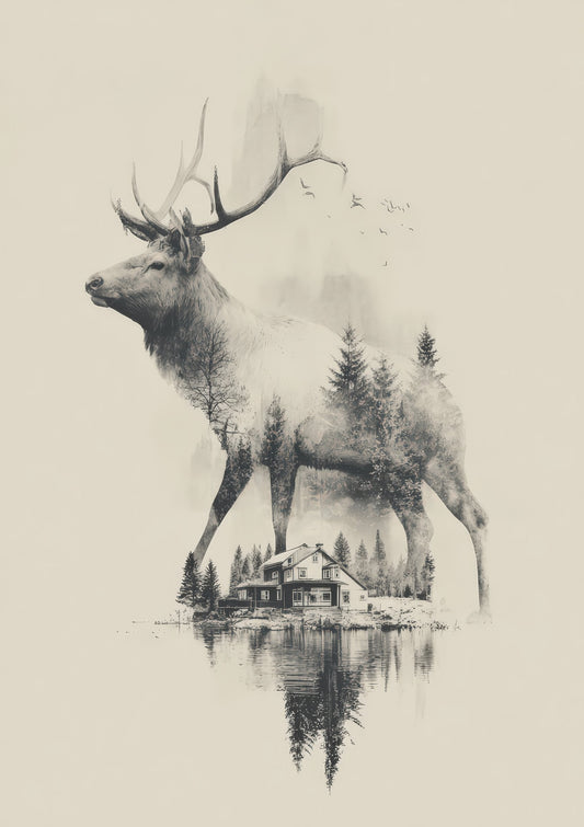 Deer and Forest Print, Monochrome Wall Art