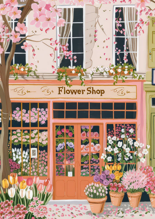 Spring Flower Shop Print, Charming Street Wall Art