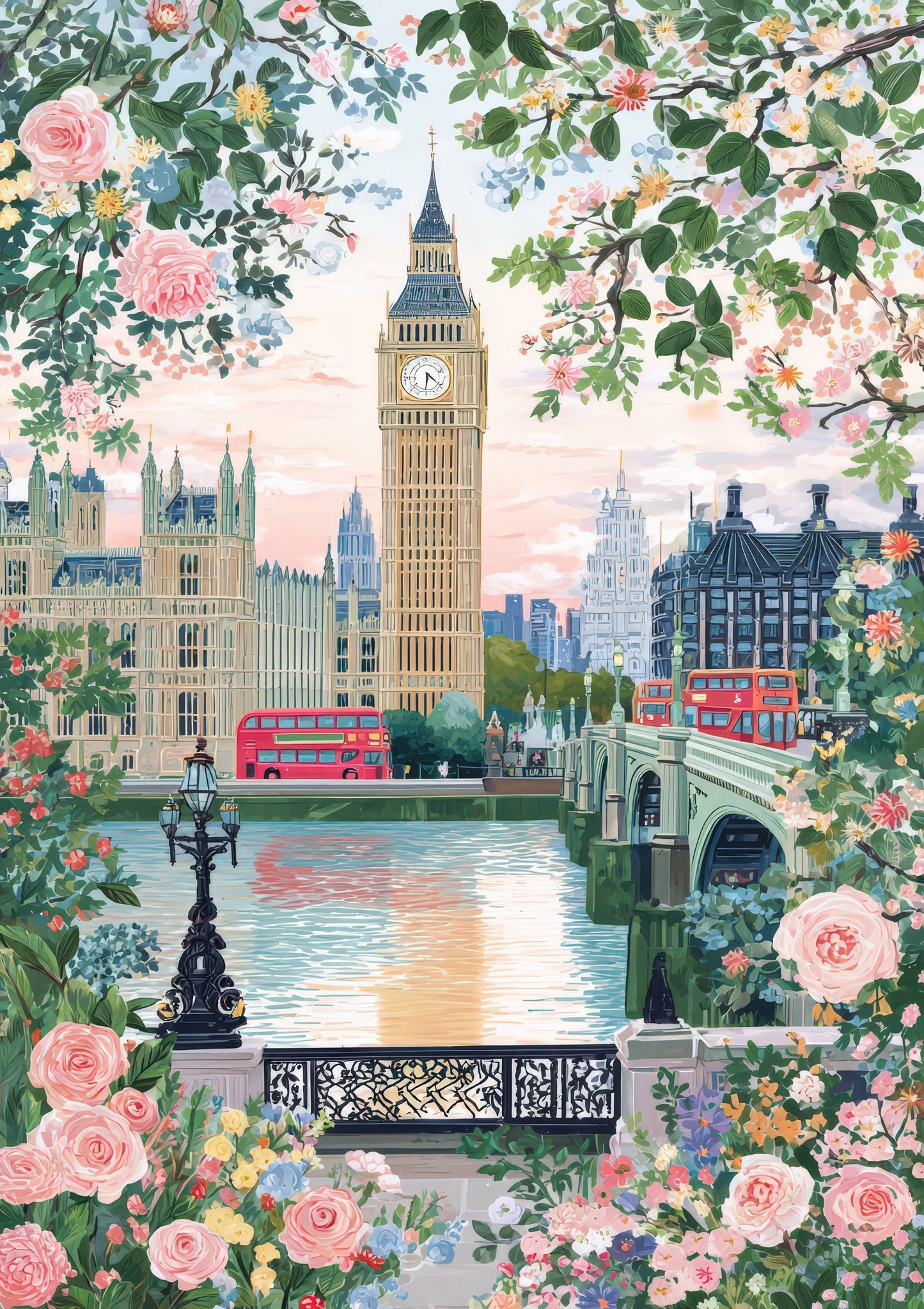 London in Blossom Print, Big Ben Travel Wall Art