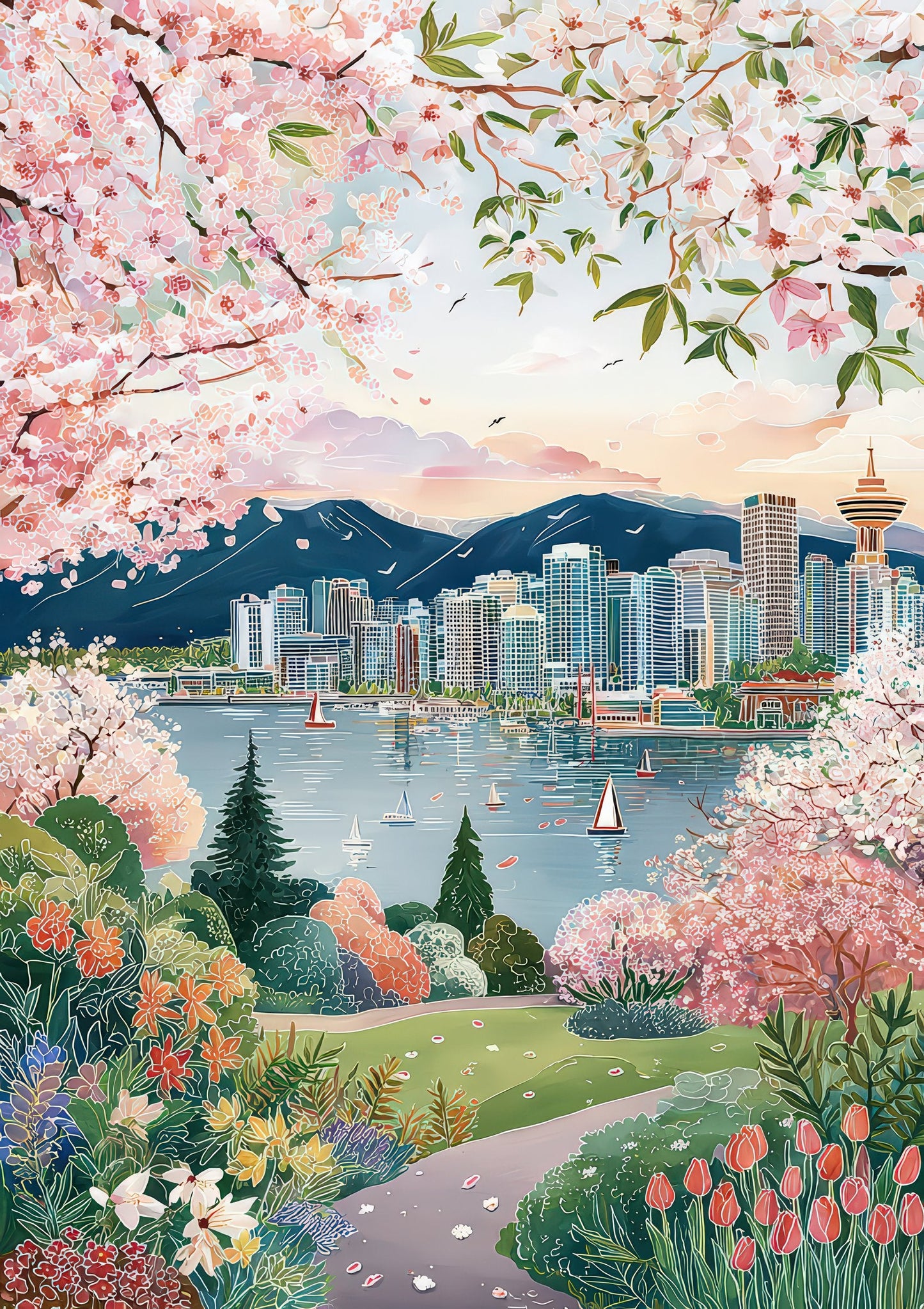 Blossom Mountain Town Print, Travel Wall Art