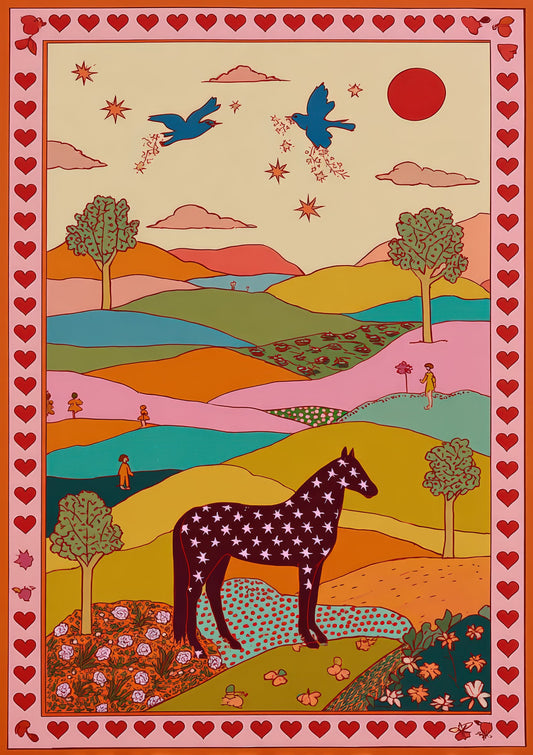 Folk Horse Landscape Print, Bold Nursery Wall Art