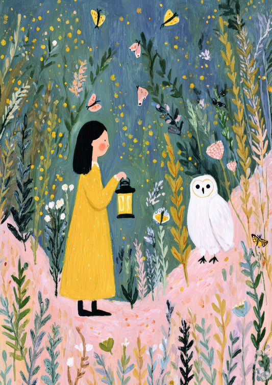 Girl and Penguin Print, Folk Nursery Wall Art
