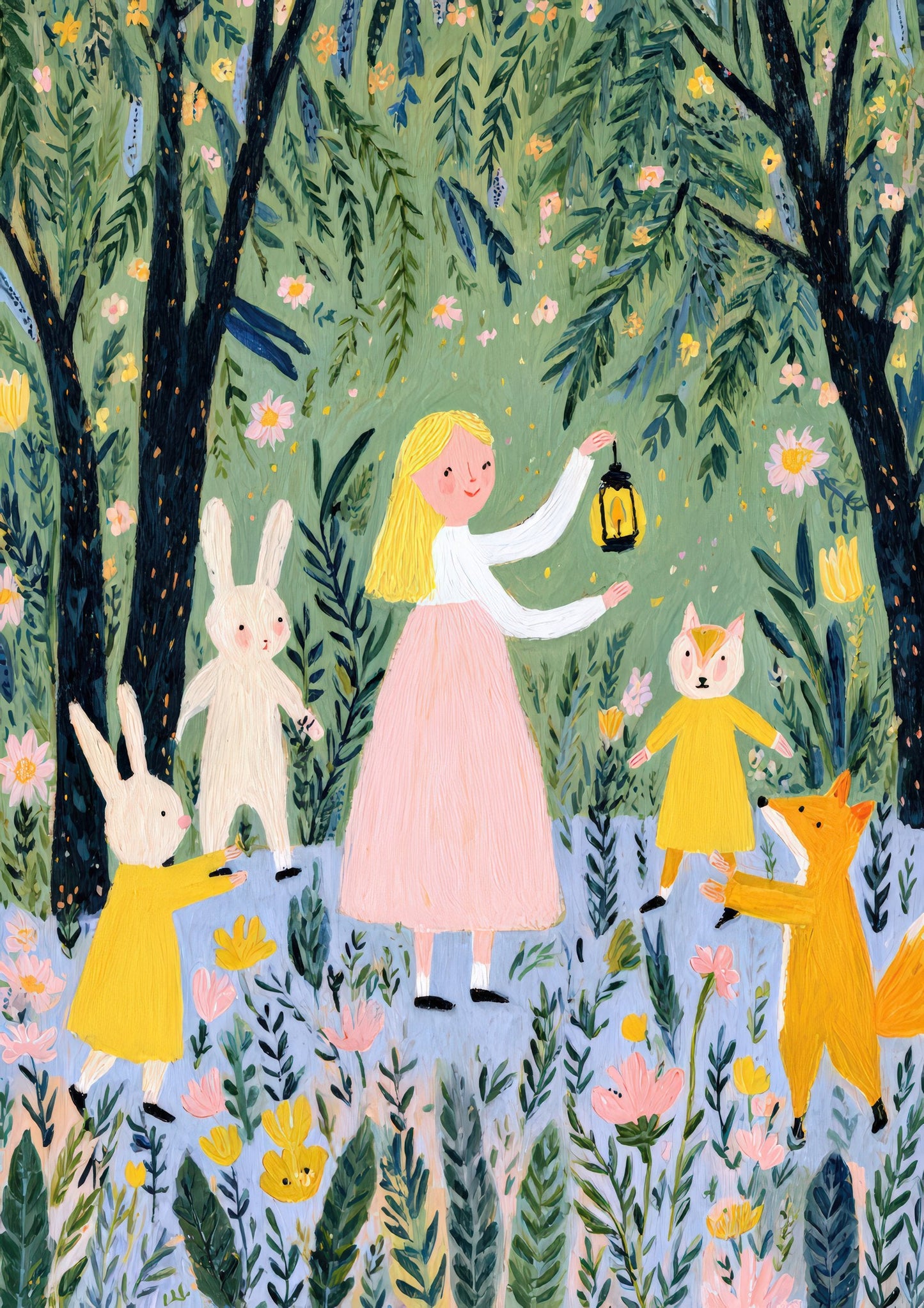 Girl in the Forest Print, Folk Nursery Wall Art