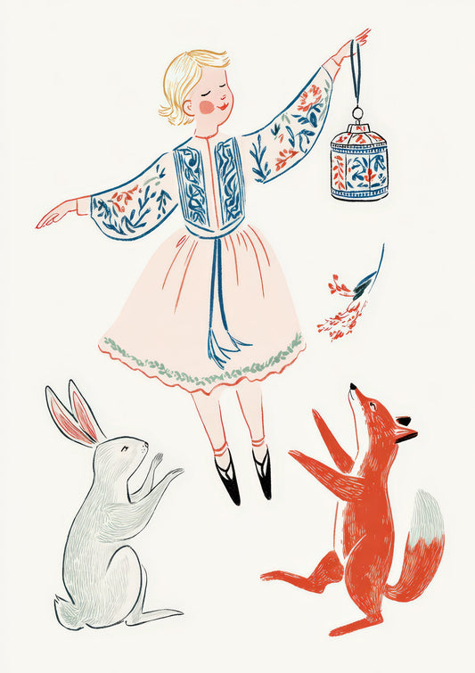 Bunting and Friends Print, Folk Nursery Wall Art