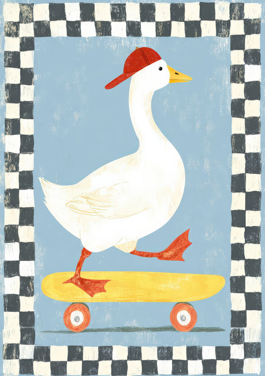 Skateboarding Goose Print, Blue Kids Wall Art
