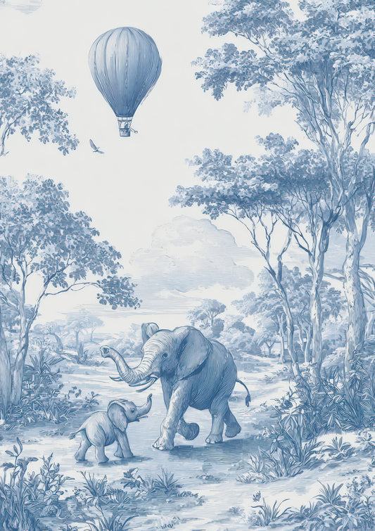 Elephant Toile Print, Blue Nursery Wall Art