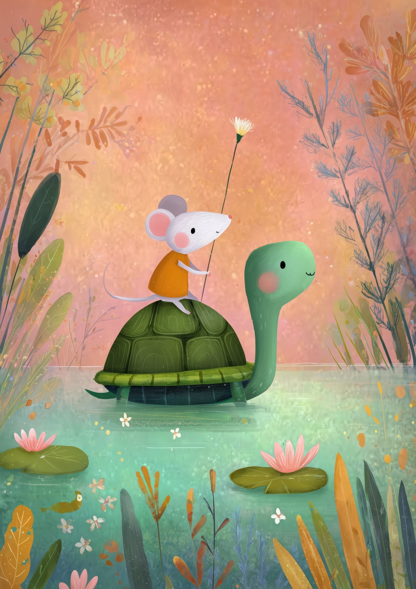 Mouse on a Turtle Print, Whimsical Nursery Wall Art