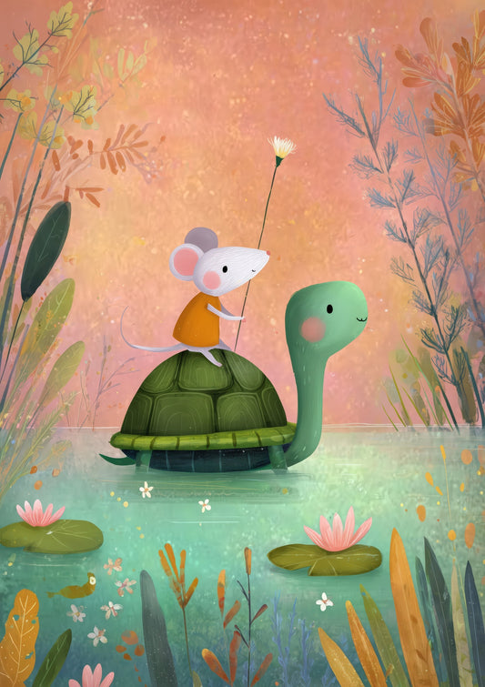 Mouse on a Turtle Print, Whimsical Nursery Wall Art