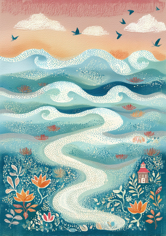 River Landscape Print, Folk Nursery Wall Art