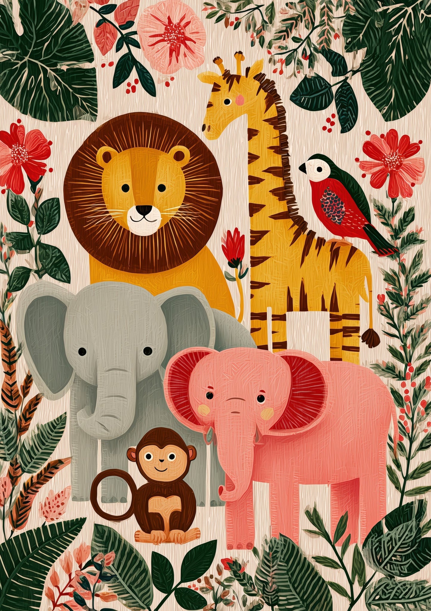 Jungle Animals Print, Folk Nursery Wall Art