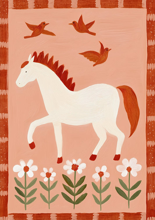 Folk Horse Print, Nursery Animal Wall Art