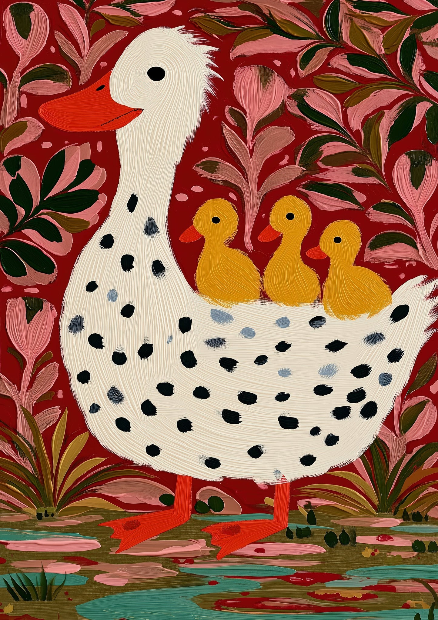 Duck and Ducklings Print, Folk Nursery Wall Art