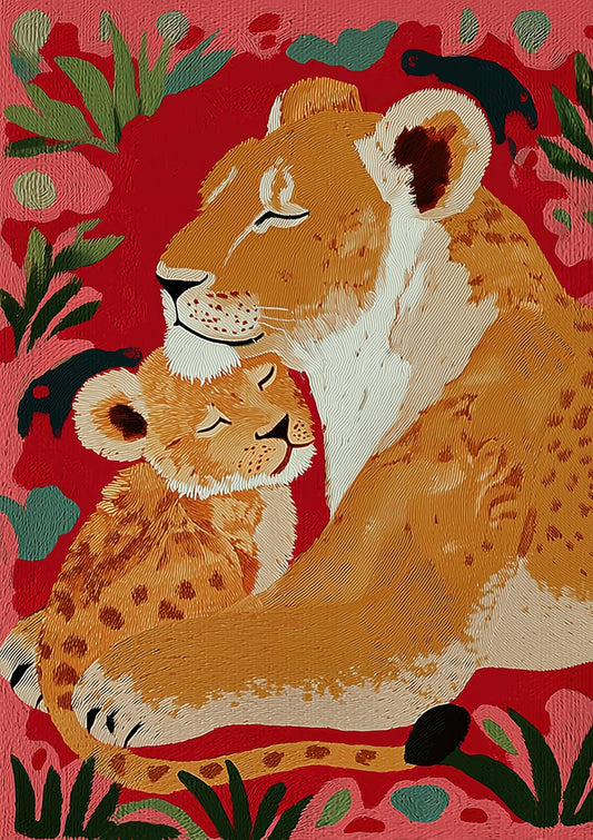 Lioness and Cub Print, Red Folk Nursery Wall Art