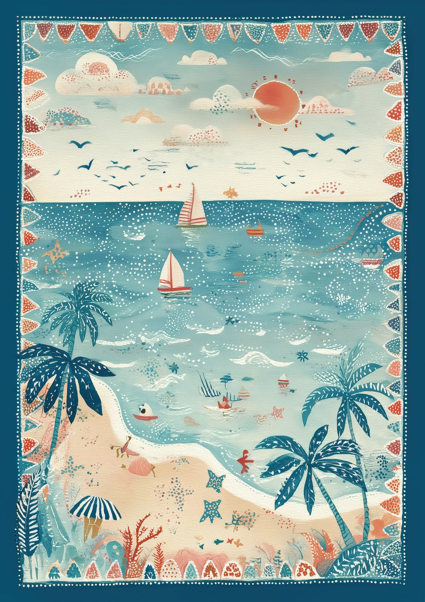 Folk Seaside Print, Coastal Nursery Wall Art