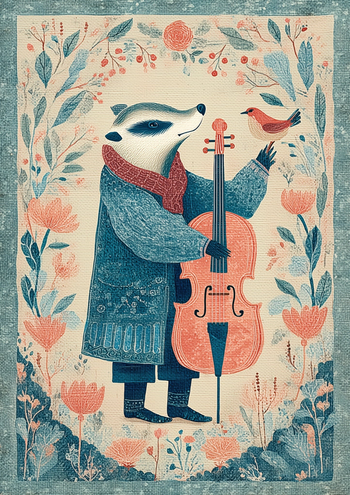 Folk Badger with Cello Print, Nursery Wall Art