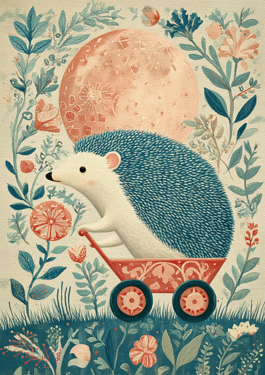 Folk Hedgehog and Moon Print, Nursery Wall Art