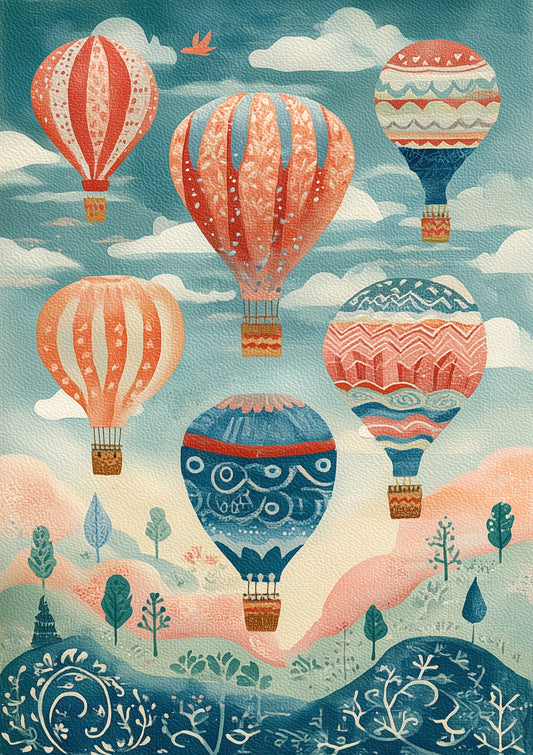 Folk Hot Air Balloons Print, Nursery Wall Art