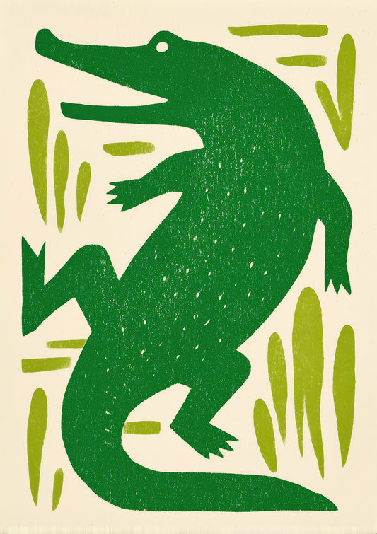 Alligator Linocut Print, Nursery Animal Wall Art
