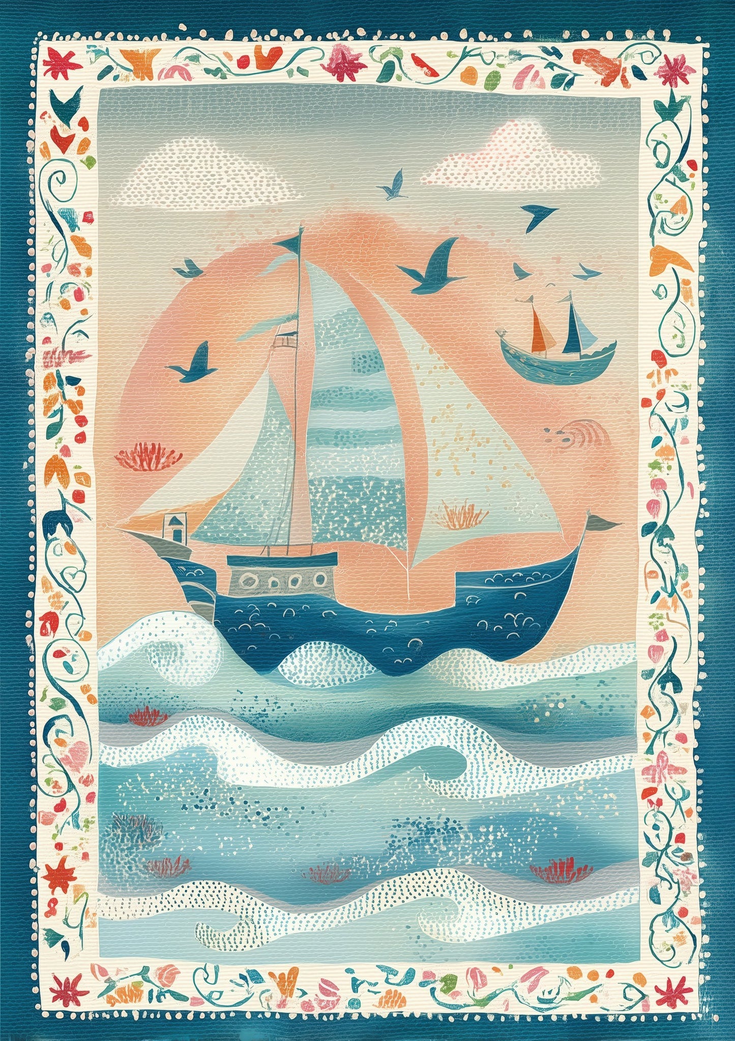 Folk Sailboats Print, Coastal Nursery Wall Art