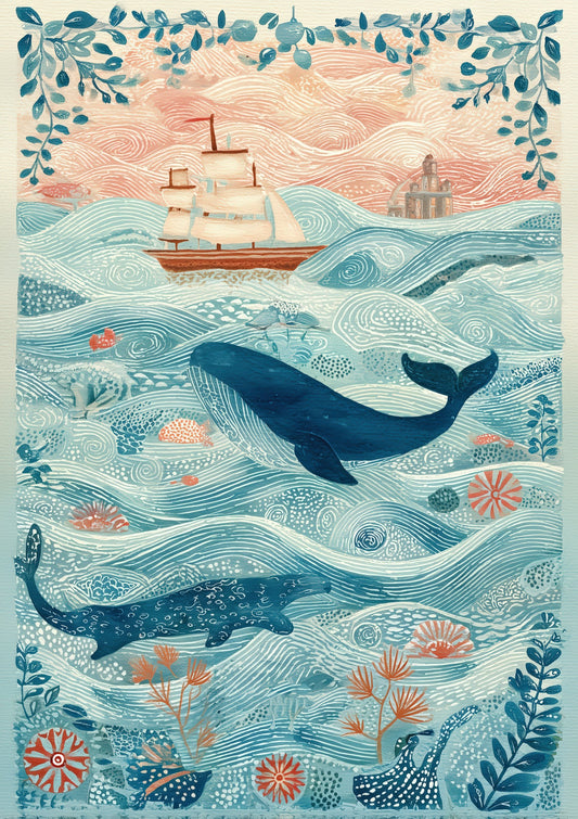 Folk Whale Print, Coastal Nursery Wall Art