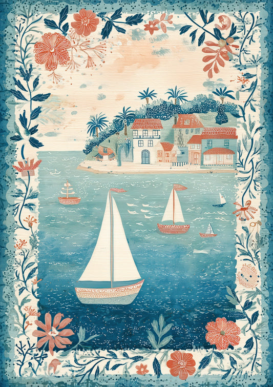 Folk Sailboat Print, Coastal Nursery Wall Art