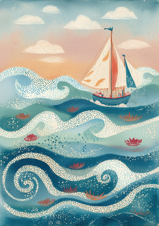 Folk Sailboats Print, Coastal Nursery Wall Art