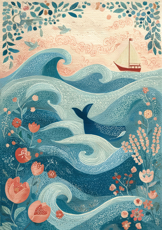 Folk Whale and Waves Print, Coastal Nursery Wall Art