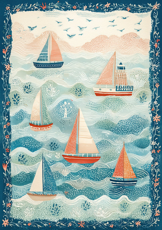 Folk Sailboats Print, Nursery Coastal Wall Art
