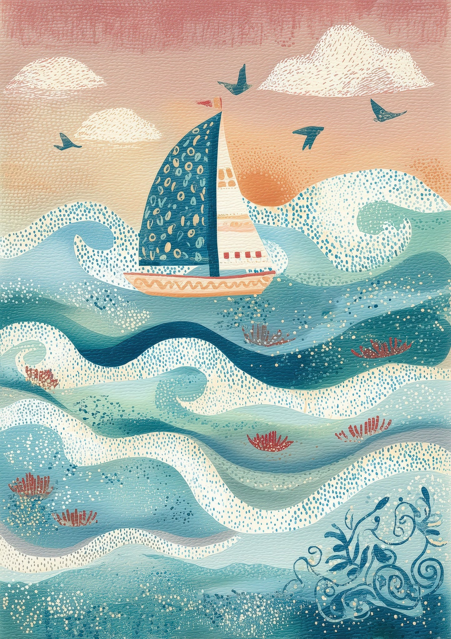 Folk Sailing Boat Print, Coastal Nursery Wall Art