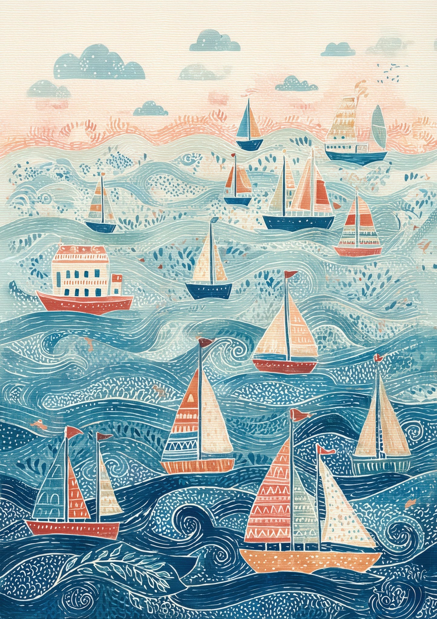 Folk Harbour Print, Coastal Nursery Wall Art