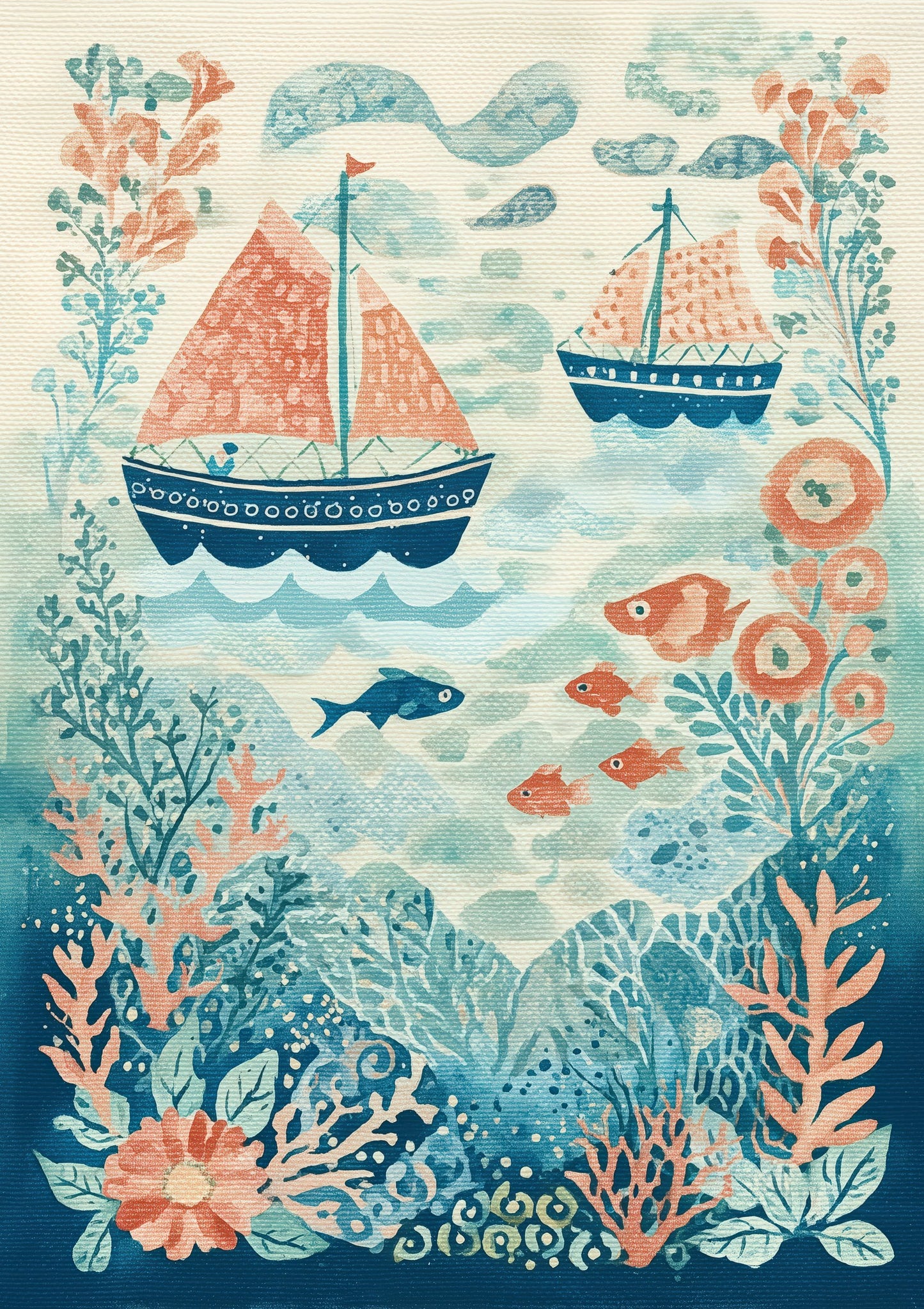 Folk Sailboat and Fish Print, Coastal Nursery Wall Art