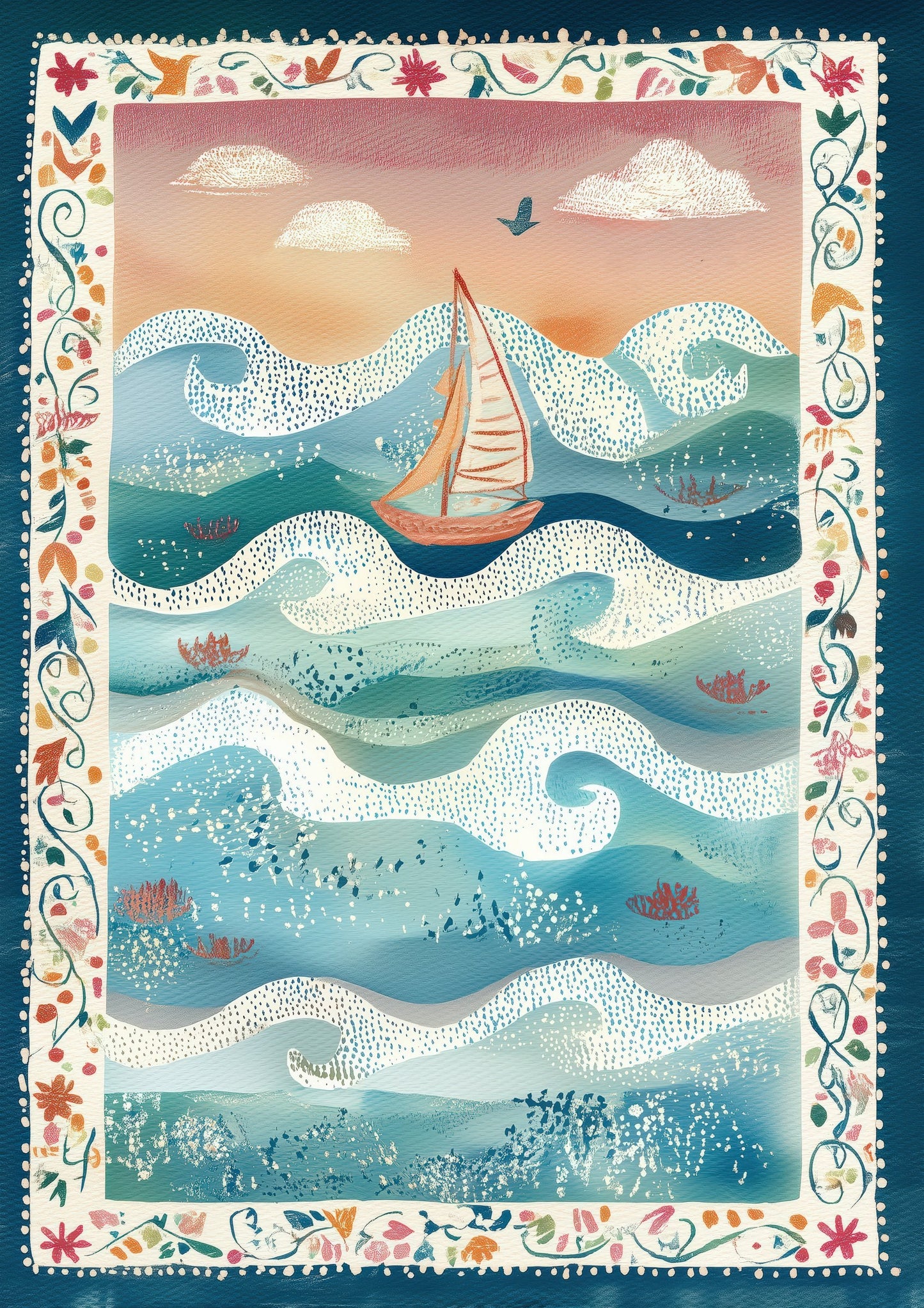 Folk Sea Creature Print, Coastal Nursery Wall Art
