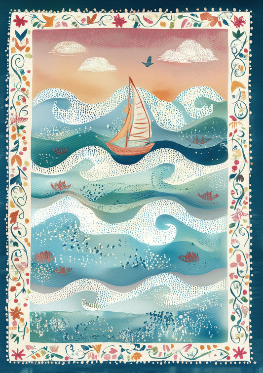 Folk Sea Creature Print, Coastal Nursery Wall Art