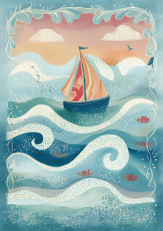Folk Sailboat Print, Blue Coastal Nursery Wall Art