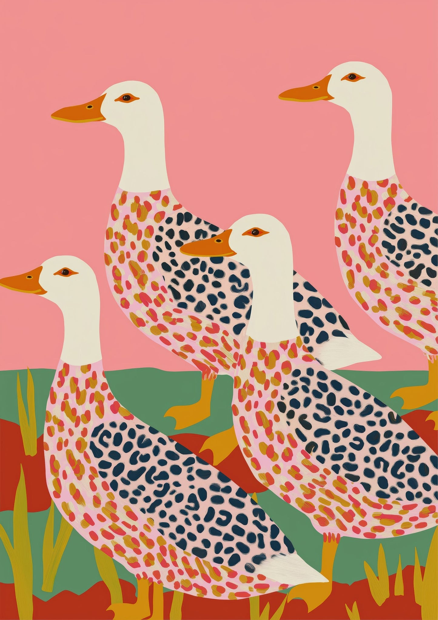 Folk Geese Print, Pink Nursery Wall Art