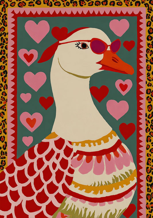 Folk Goose with Hearts Print, Bold Nursery Wall Art
